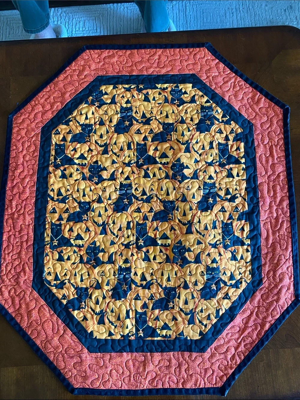 Halloween quilted runner octagon black cat orange and black